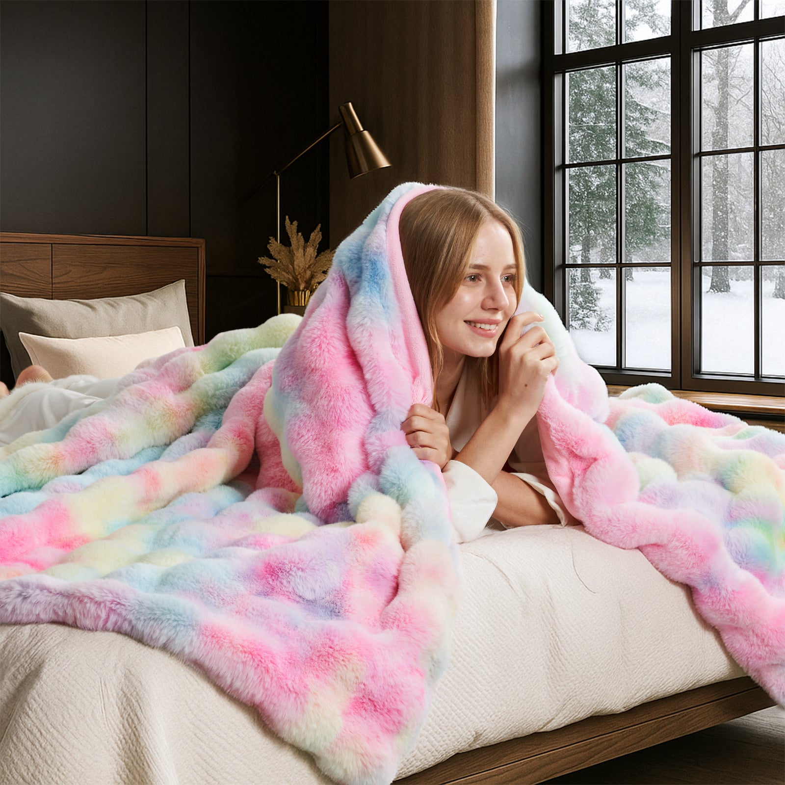 Bubble Faux Fur Throw Blanket - Tie-dye Pink