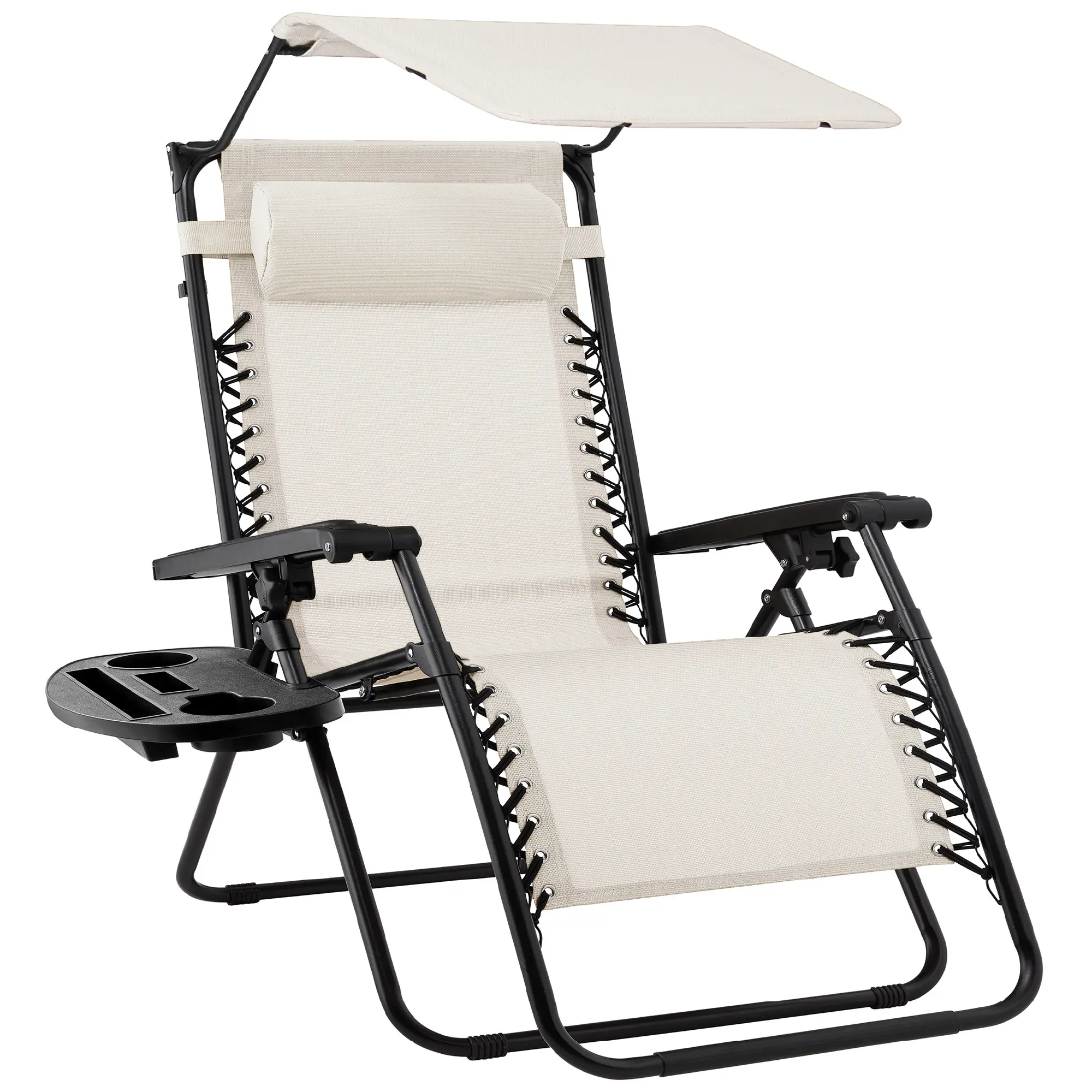 Folding Zero Gravity Recliner Patio Lounge Chair w/ Canopy Shade, Headrest, Tray