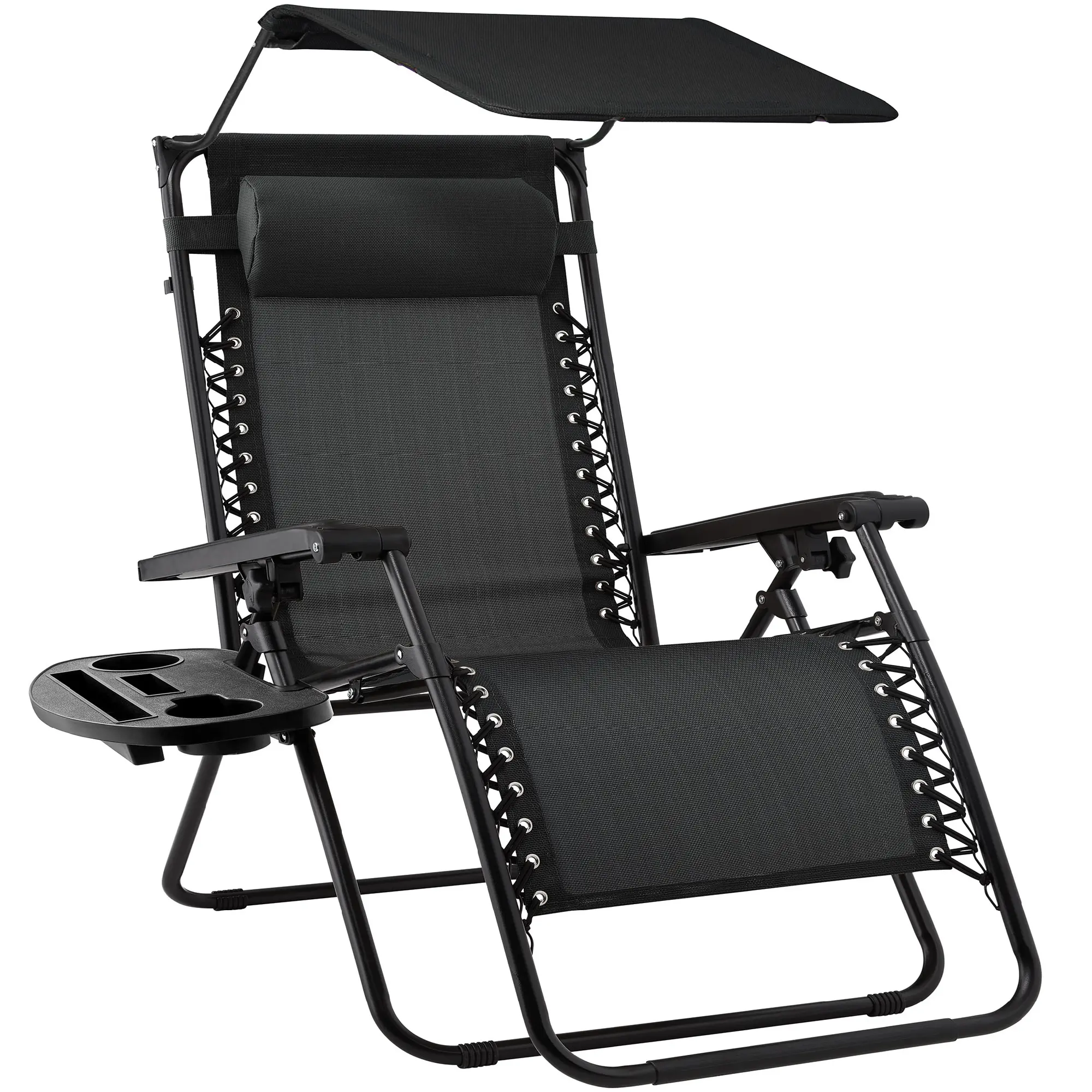 Folding Zero Gravity Recliner Patio Lounge Chair w/ Canopy Shade, Headrest, Tray