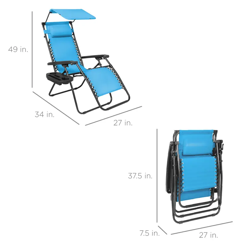 Folding Zero Gravity Recliner Patio Lounge Chair w/ Canopy Shade, Headrest, Tray