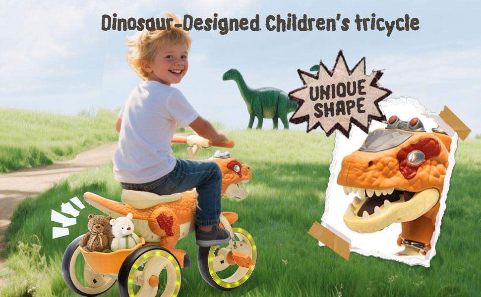 Kids Ride On Three-Wheel Dinosaur Tricycle,Wider Light-up Wheels & More Stable Structural Design,Rear Storage Basket,Built-in Music & Lights,Ideal for Safe Cycling Training&Fun Ride For Kids Aged 3-6.