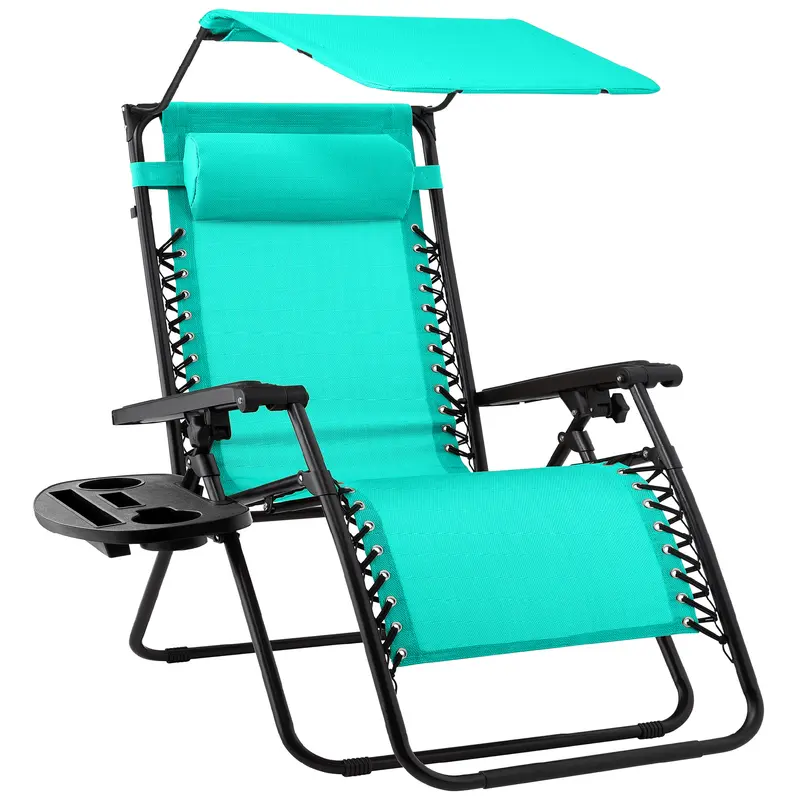 Folding Zero Gravity Recliner Patio Lounge Chair w/ Canopy Shade, Headrest, Tray