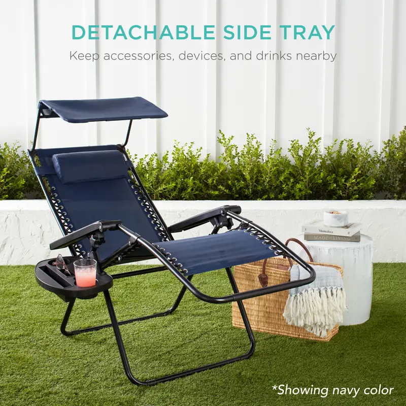 Folding Zero Gravity Recliner Patio Lounge Chair w/ Canopy Shade, Headrest, Tray