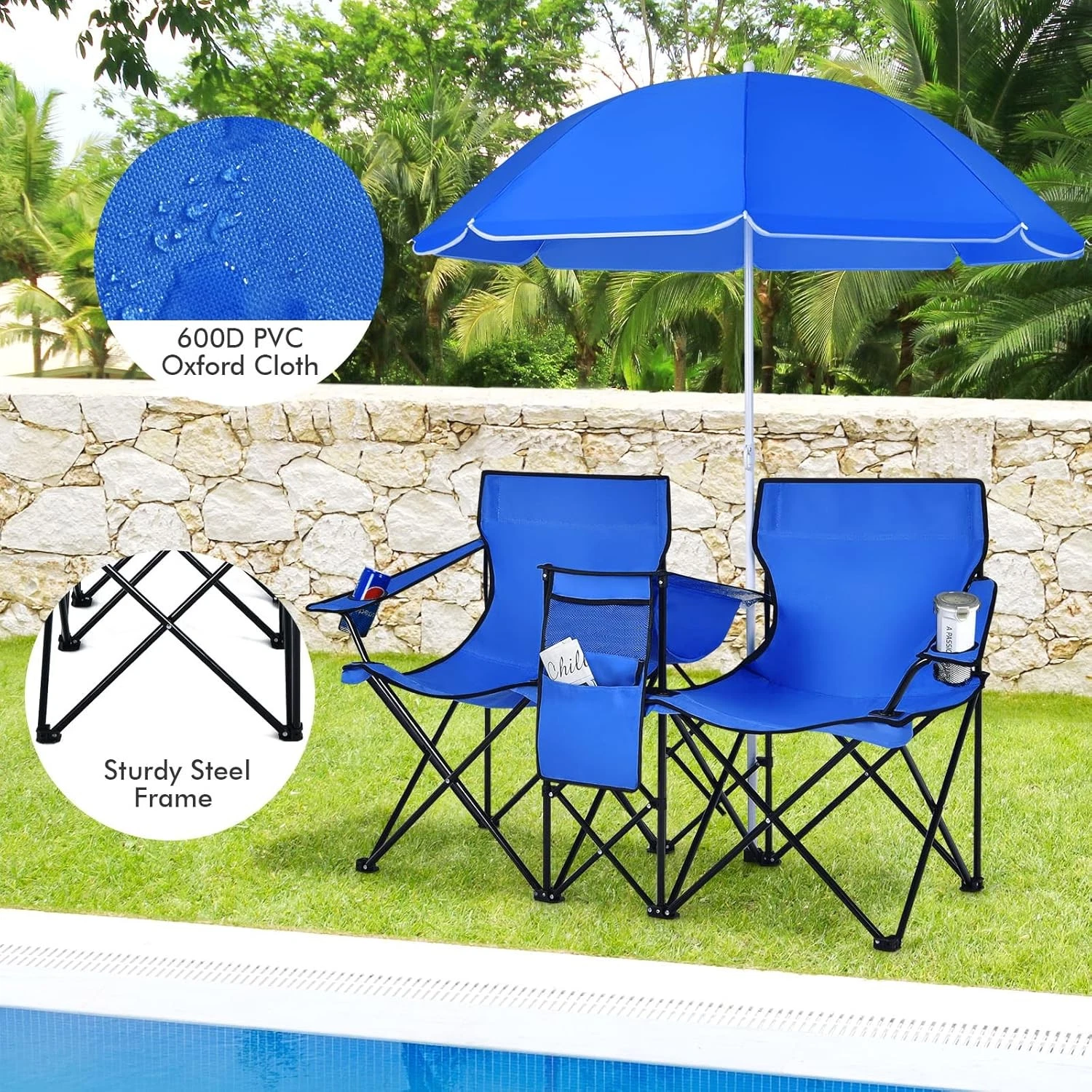 Portable Folding Picnic Double Chair With Removable Umbrella