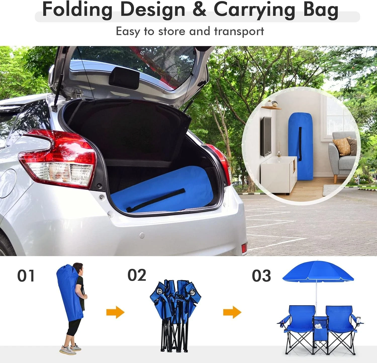 Portable Folding Picnic Double Chair With Removable Umbrella