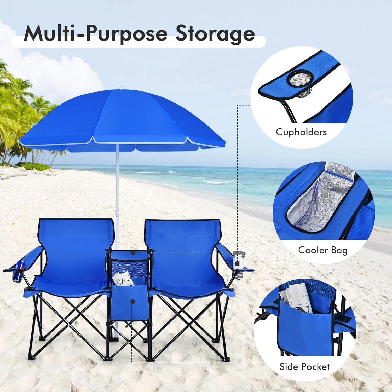 Portable Folding Picnic Double Chair With Removable Umbrella