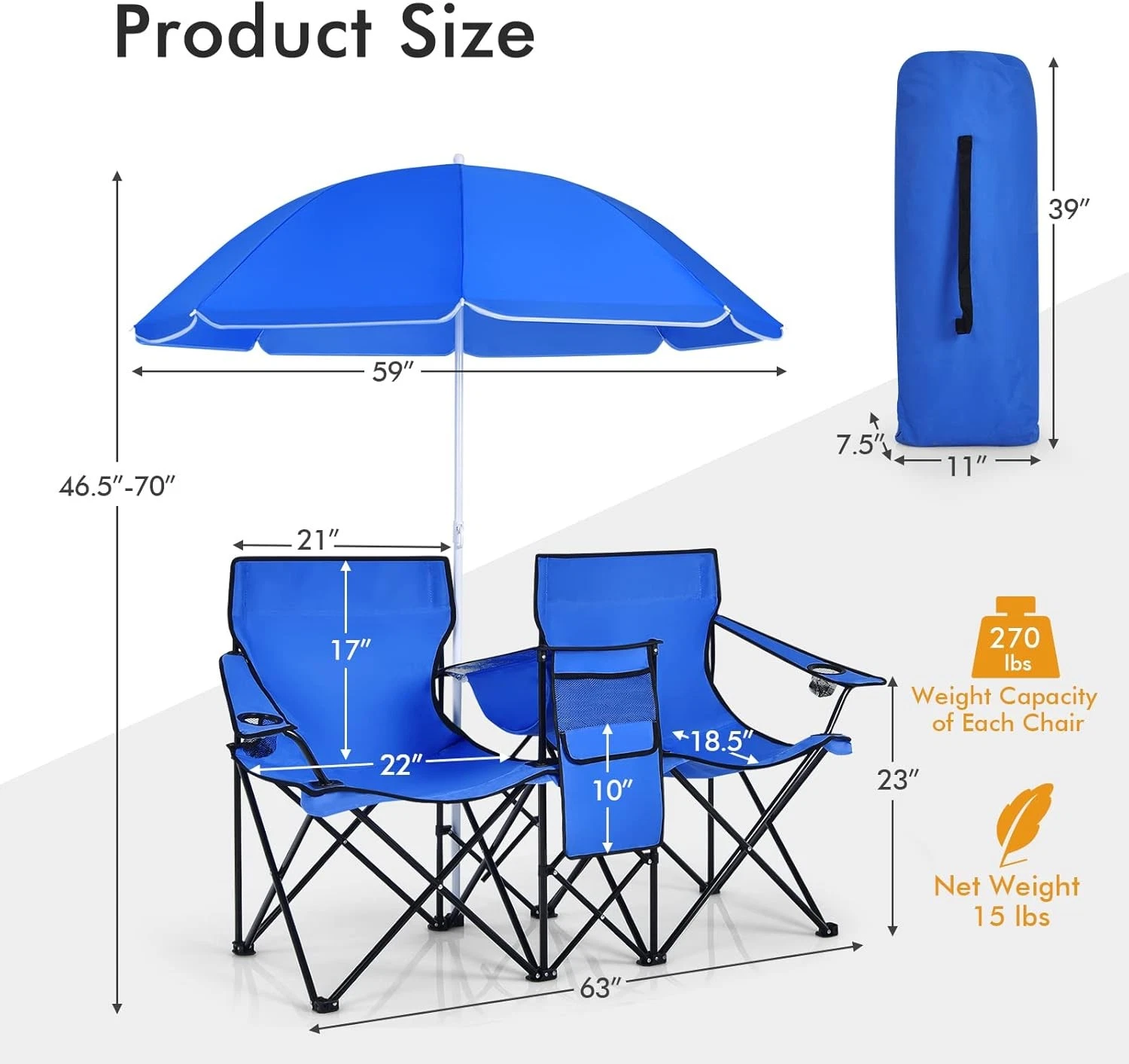 Portable Folding Picnic Double Chair With Removable Umbrella