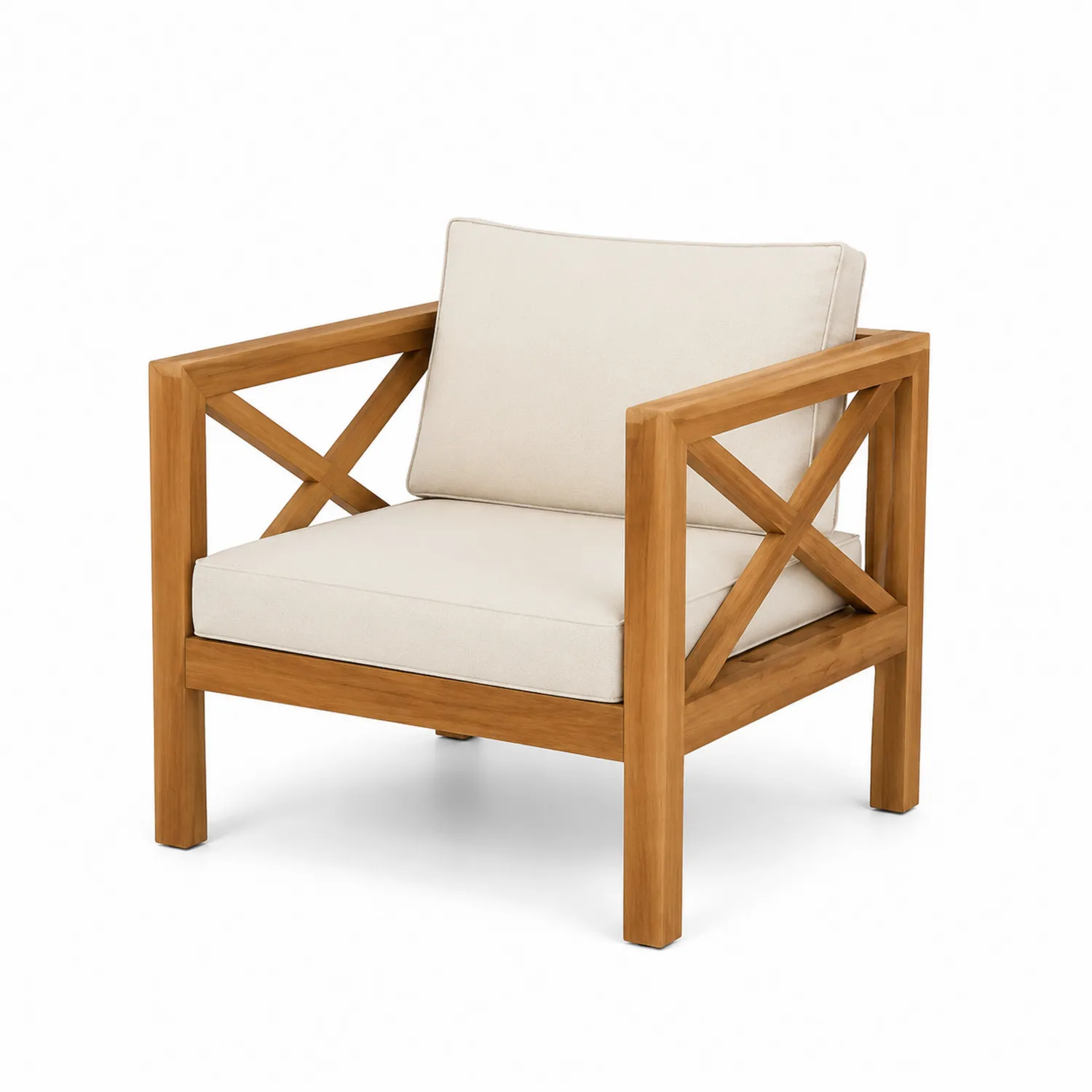 Fotel Drewniany z Teaku z Bawełnianą Tapicerką 75 cm x 80 cm x 85 cm