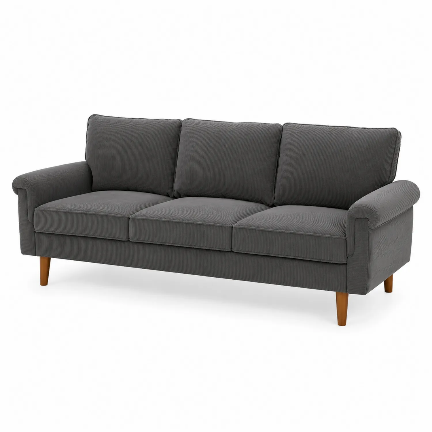 Sofa 3-osobowa Sztruksowa Szara z Drewnianymi Nóżkami