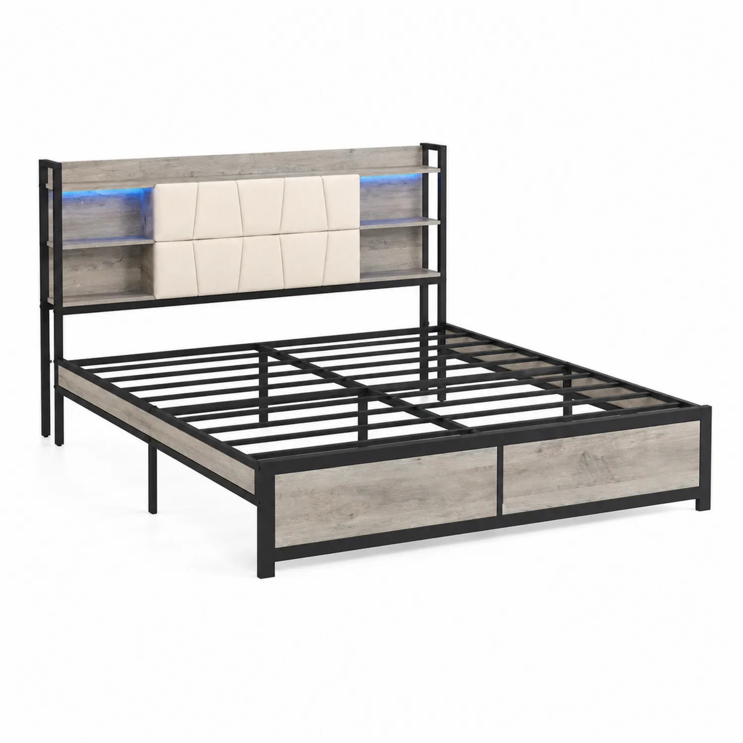 Łóżko metalowe z półkami i oświetleniem LED, Szare i Beżowe 200x160 cm