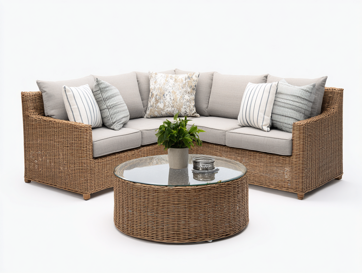Divani da esterno in rattan marrone chiaro e beige 220x220x78 cm - adatti per esterni - con tavolino rotondo - design naturale-Sicorpahome