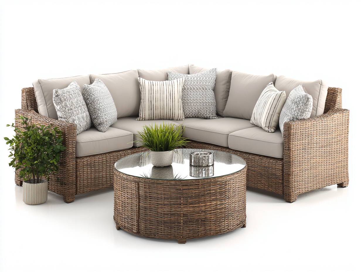 Divani da esterno in rattan marrone chiaro e beige 220x220x78 cm - adatti per esterni - con tavolino rotondo - design naturale-Sicorpahome