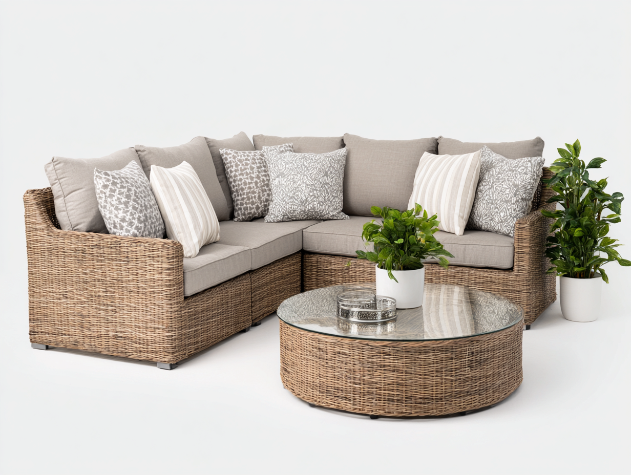 Divani da esterno in rattan marrone chiaro e beige 220x220x78 cm - adatti per esterni - con tavolino rotondo - design naturale-Sicorpahome