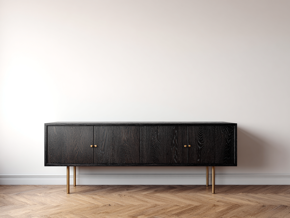 Mobile ingresso in legno effetto rovere scuro 180x40x75 cm per ingresso con ante e gambe in metallo - nero-oro - design moderno-Sicorpahome