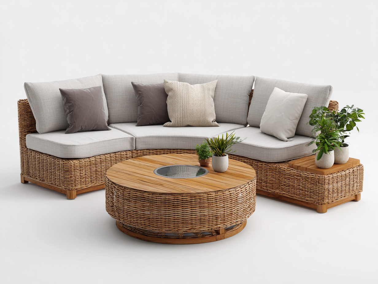 Divani da esterno in rattan marrone chiaro e beige 240x180x78 cm - adatti per esterni - con tavolino rotondo - design curvo naturale-Sicorpahome