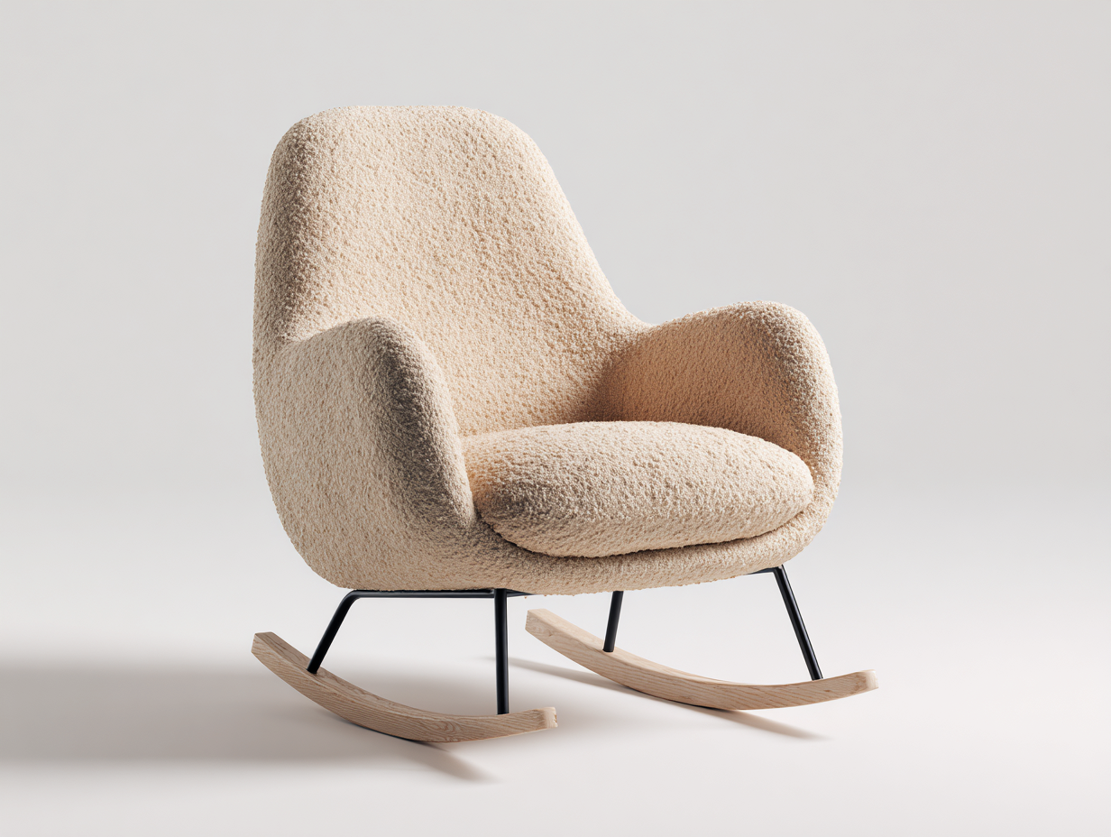 Sedia a dondolo in tessuto bouclé 72x88x96 cm per soggiorno - beige-nero-legno naturale - design moderno-Nidicorner