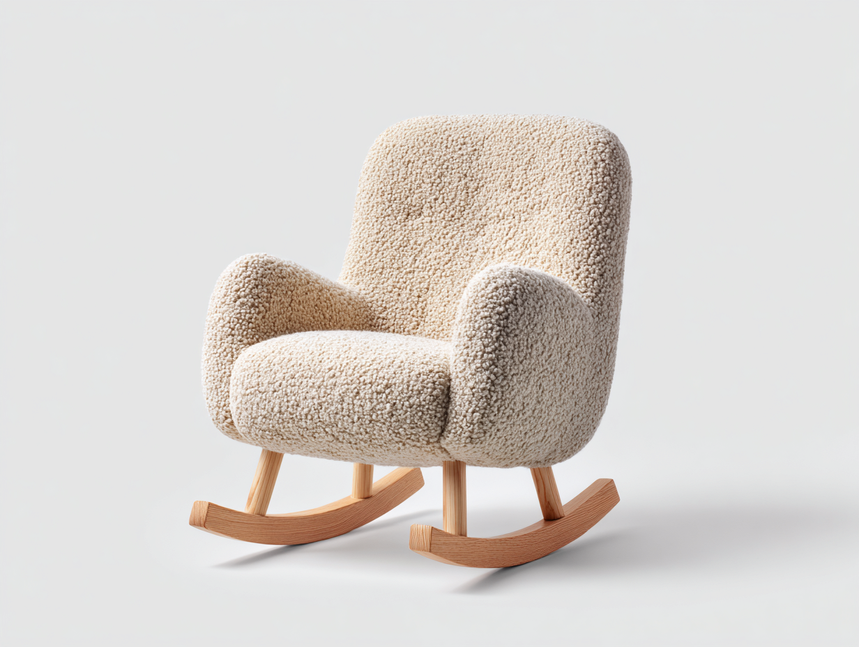 Sedia a dondolo in tessuto bouclé 70x85x95 cm per soggiorno - beige-legno naturale - design moderno-Nidicorner