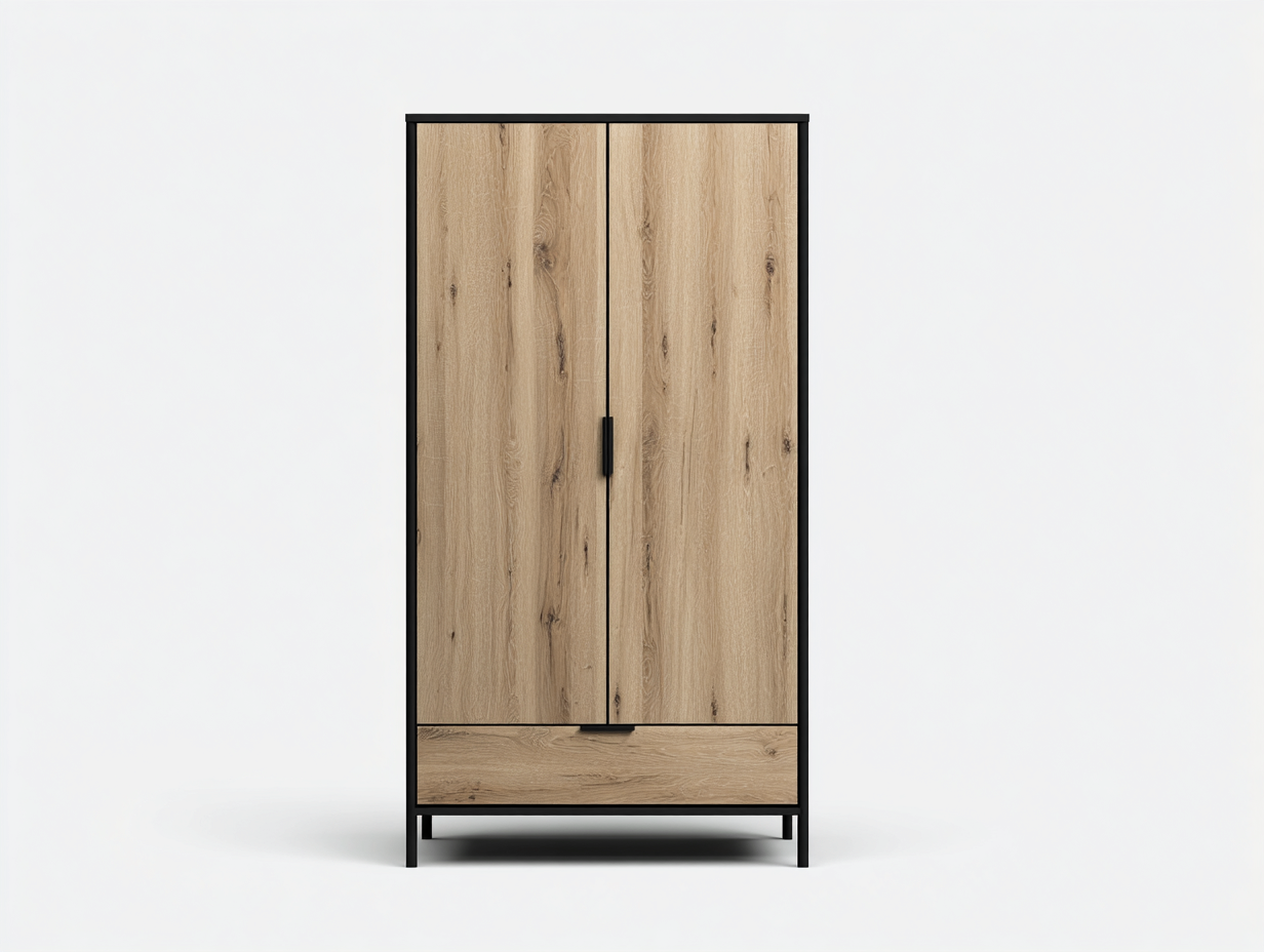 Armadio in legno colore rovere e nero 90x50x180 cm - adatto per camera da letto - con 2 ante e 1 cassetto - design moderno-Nidicorner