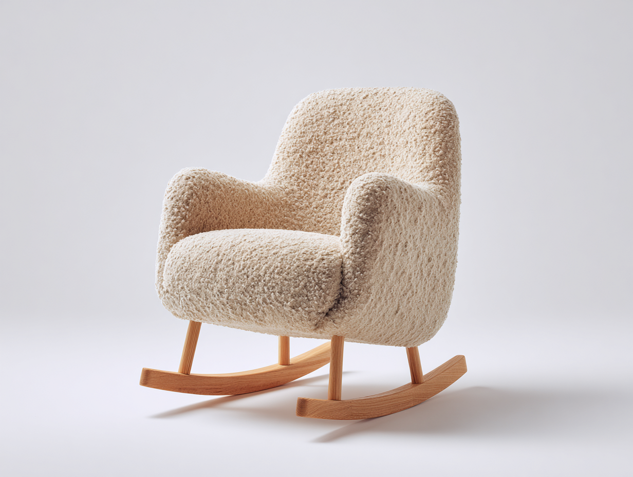 Sedia a dondolo in tessuto bouclé crema e legno naturale 72x84x88 cm - adatta per soggiorno - design moderno nordico-Nidicorner