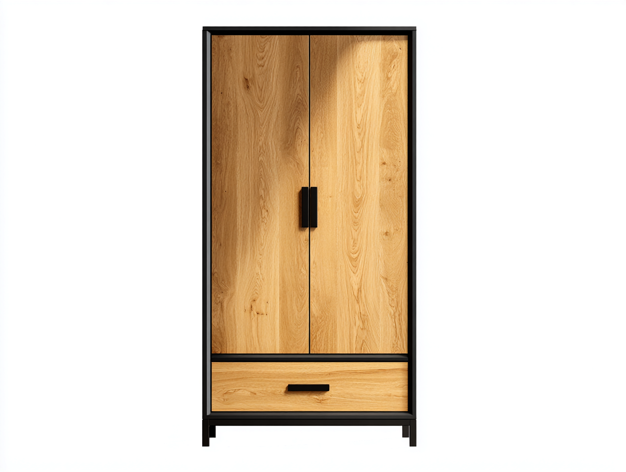 Armadio in legno con struttura in metallo 90x50x180 cm per camera da letto con ante e cassetto - marrone chiaro-nero - design industriale moderno-Nidicorner