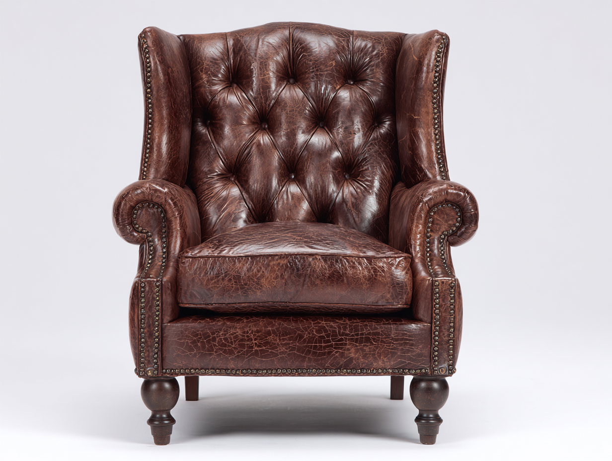 Poltrona a orecchioni in pelle capitonné 90x95x110 cm per soggiorno - marrone scuro - stile classico-Nidicorner