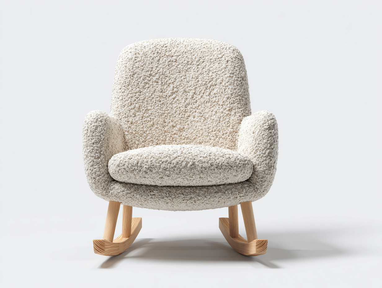 Sedia a dondolo in tessuto bouclé crema e legno naturale 72x84x88 cm - adatta per soggiorno - design moderno nordico-Nidicorner