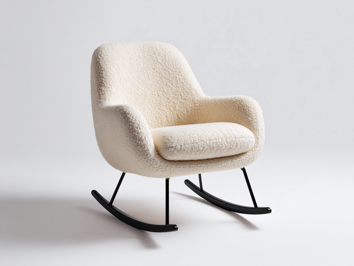 Sedia a dondolo in tessuto bouclé crema e metallo nero 70x84x88 cm - adatta per soggiorno - design moderno minimalista-Nidicorner