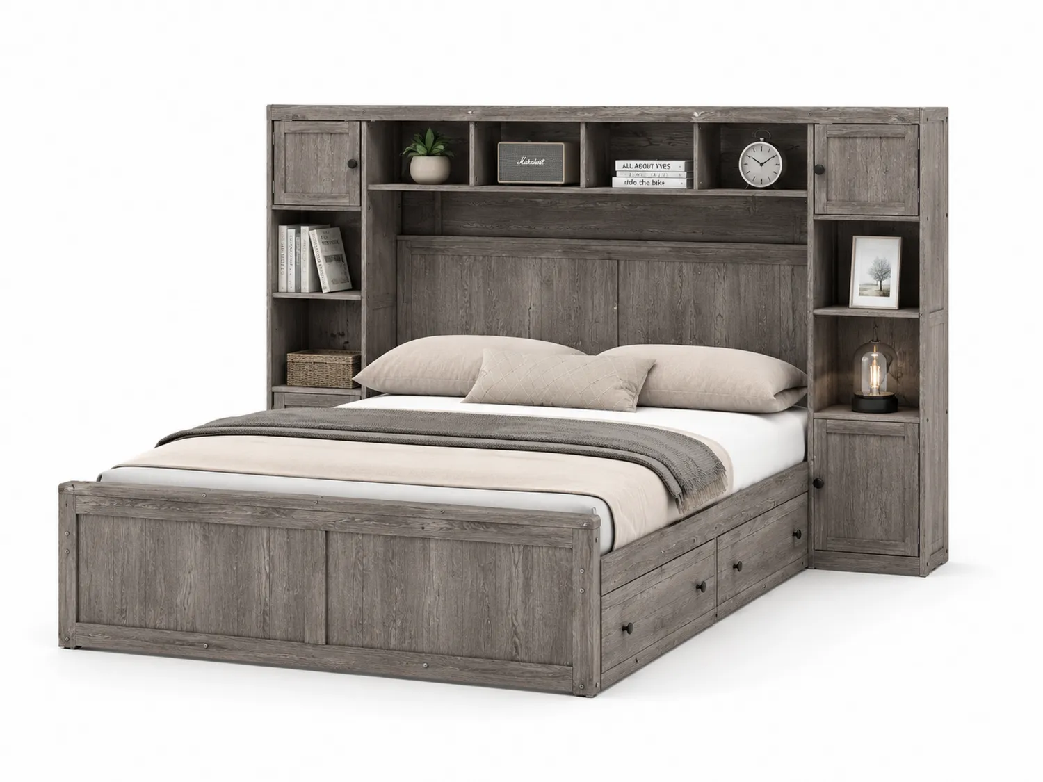 Holzbett mit Stauraum und Regal Eichenholz Grau 180x200cm