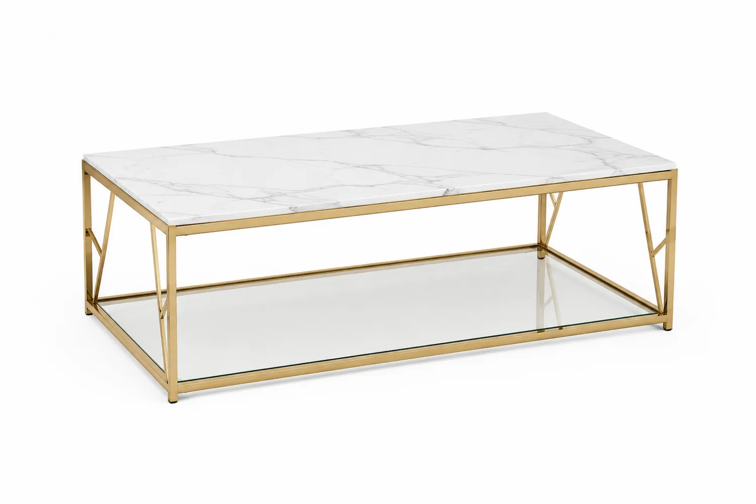 Couchtisch mit Marmorplatte und Glasablage in Weiß/Gold 120x60x40 cm
