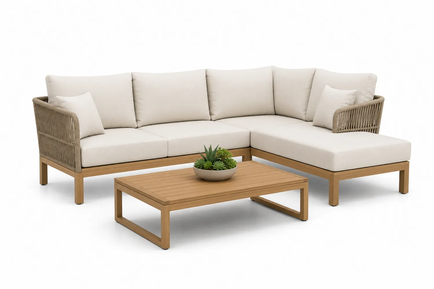 Ecksofa-Set Garten mit Tisch Beige Holz und Seilgeflecht