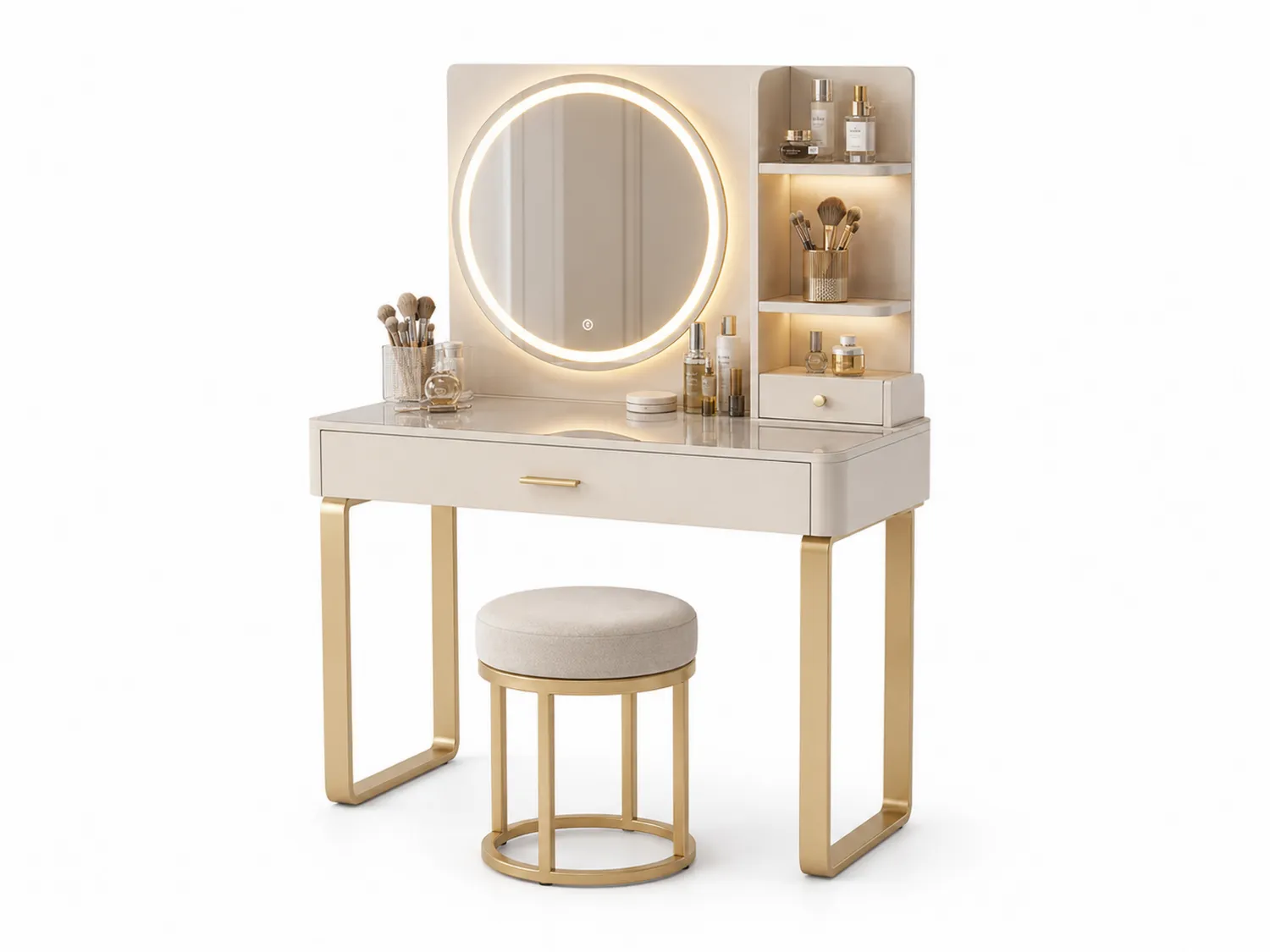 Schminktisch aus MDF Beige mit Spiegel und LED-Beleuchtung
