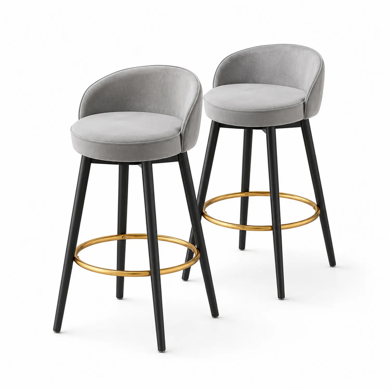 2er Set Barhocker Grau Samt mit Metallfußstütze, Höhe 75 cm
