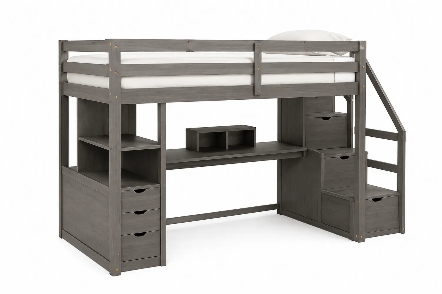 Hochbett aus Kiefernholz mit Treppe und Schubladen Grau