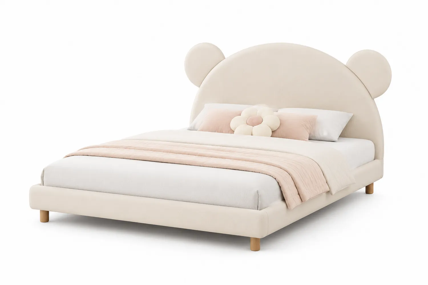 Kinderbett Holz/Textilstoff Beige 200x160 cm mit Blumen-Kissen