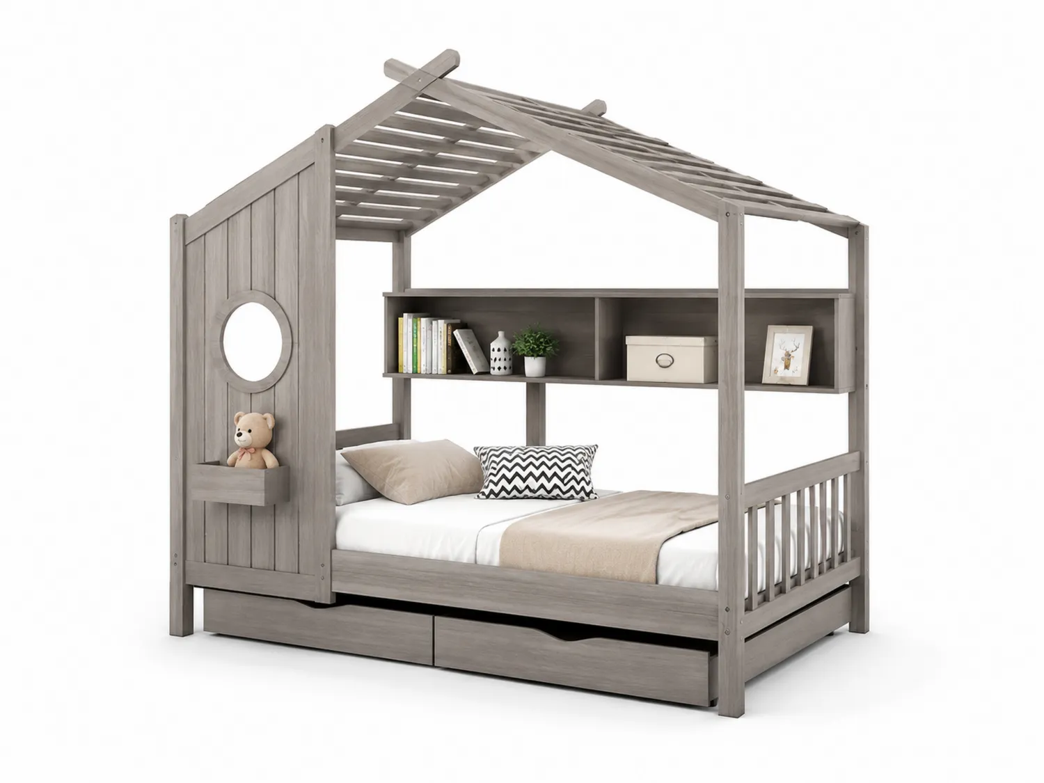 Kinderbett Hausform Kiefernholz Grau mit Schubladen und Regal