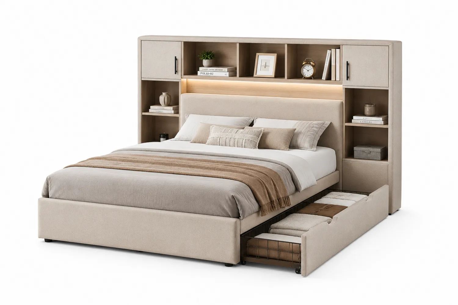 Bett mit Kopfteilregalen und Schubladen aus Stoff Beige 200x160 cm