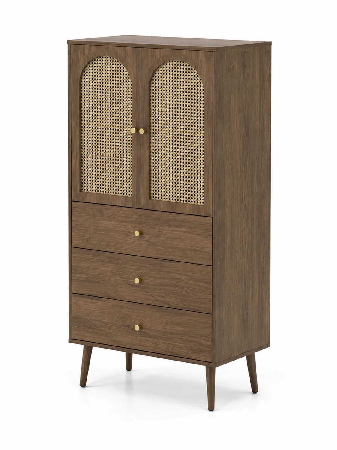 Holzschrank mit Rattan-Türen und Schubladen