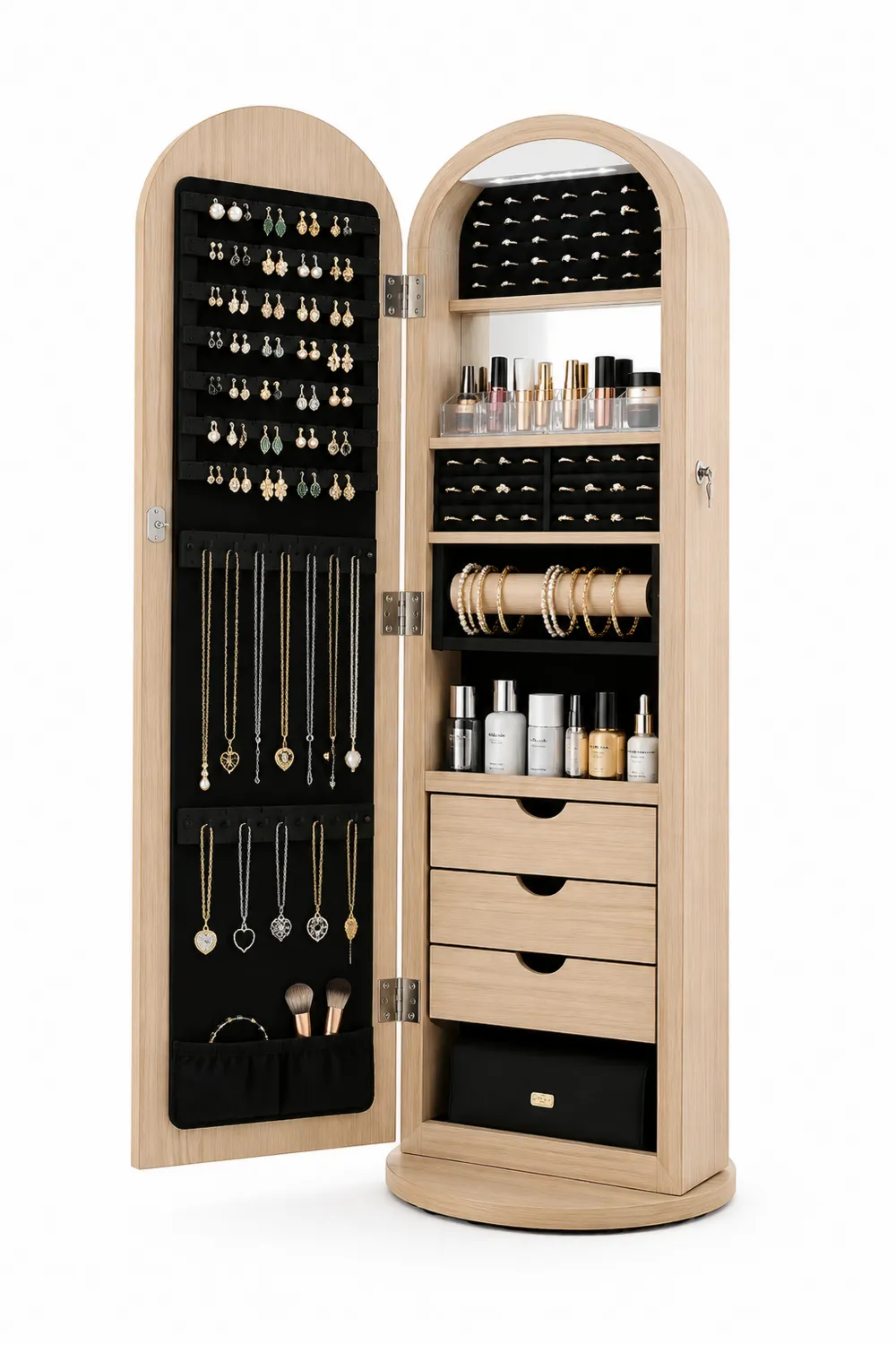 Ovaler Schmuckschrank aus Holz mit Spiegel