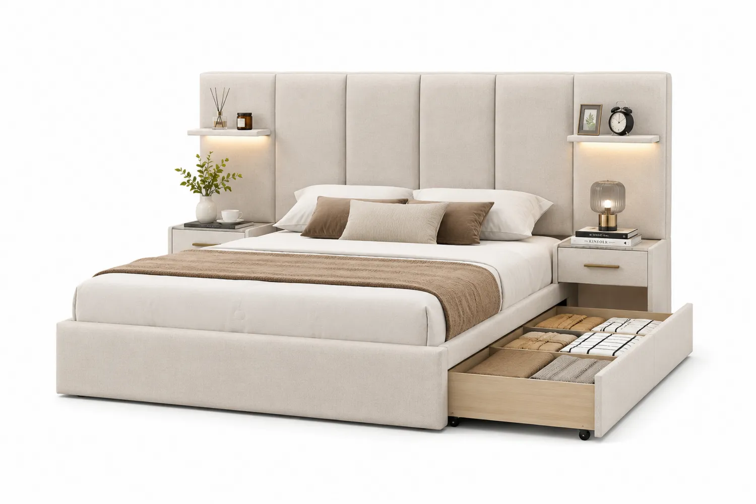 Textilbett mit Stauraum und Nachttischen, Beige, 200x160 cm