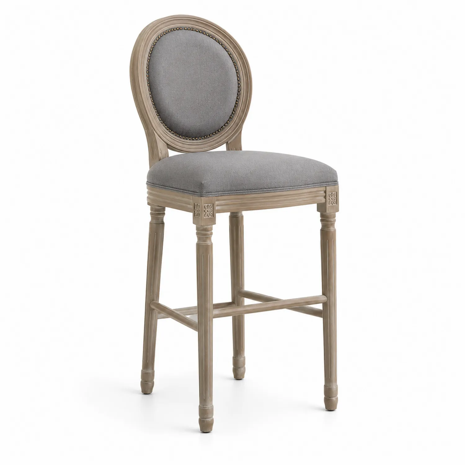 Barhocker mit ovaler Rückenlehne aus Holz und grauem Polyesterstoff
