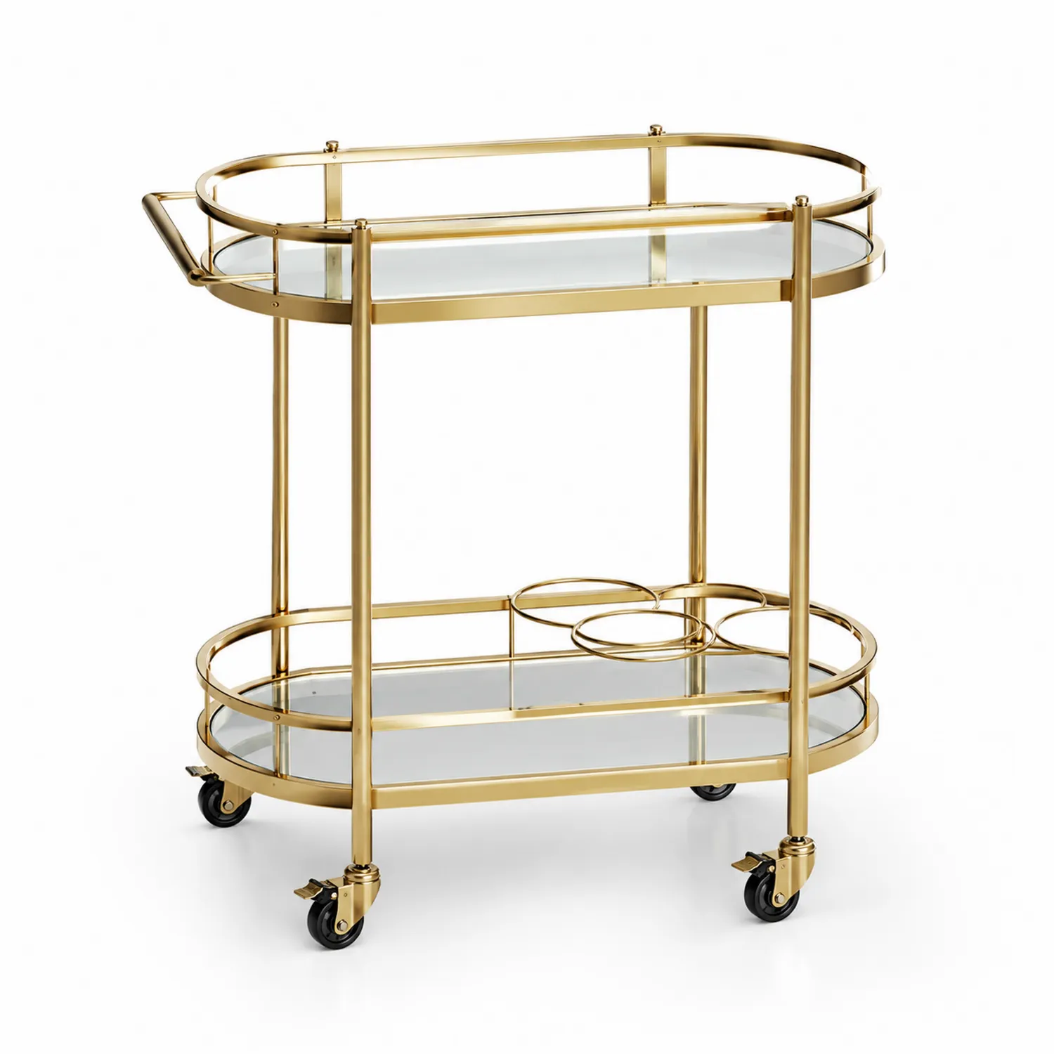 Ovale Barwagen aus gehärtetem Glas und Edelstahl in Gold mit Rollen