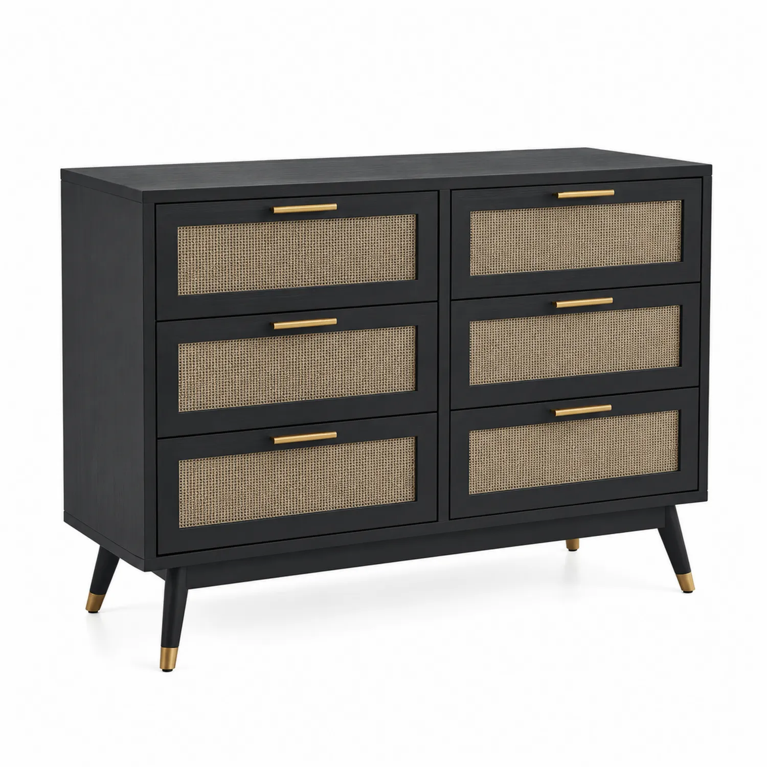 Kommode mit 6 Schubladen aus MDF und Rattan, Schwarz