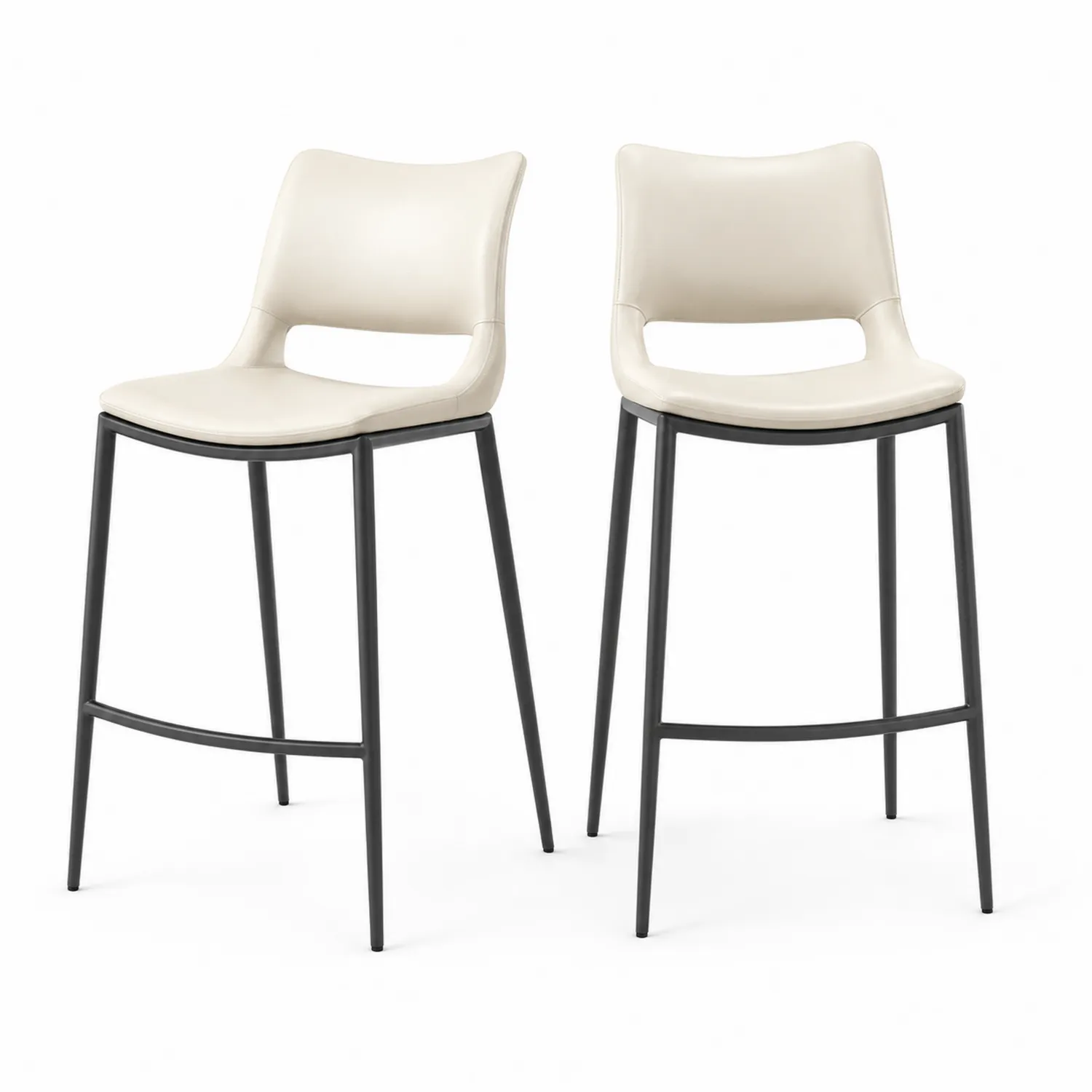 2er-Set Barhocker aus PU-Kunstleder und Metall, Creme und Schwarz