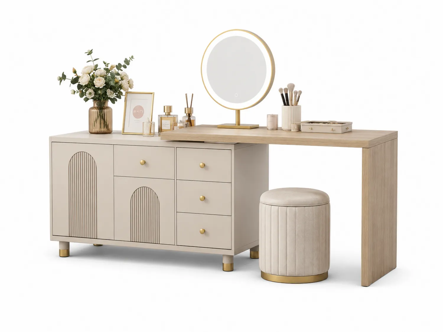 Schminktisch Set mit Spiegel und Hocker aus Holz und MDF Beige