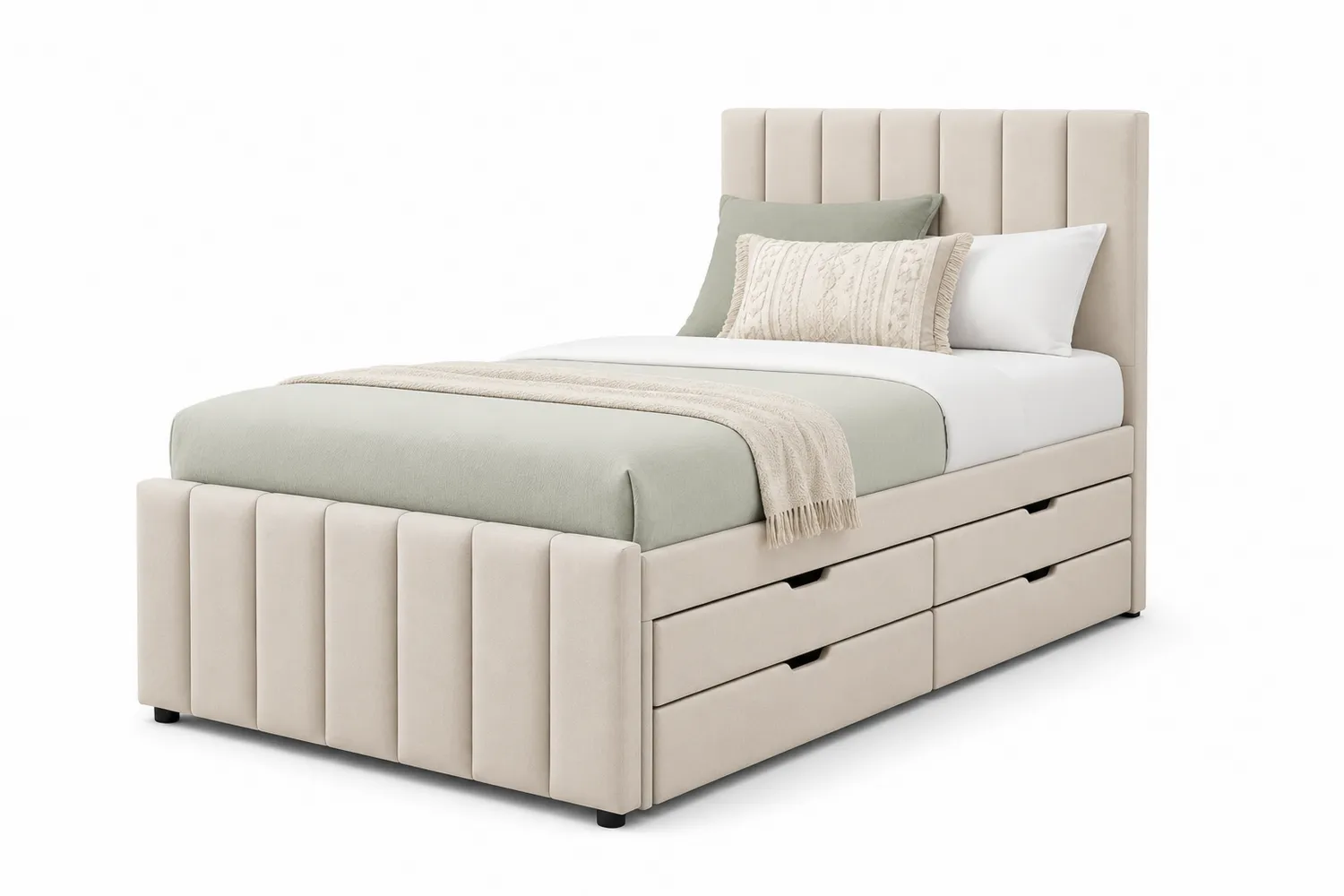 Einzelbett mit Stauraum Schubladen aus Stoff 200x90 cm Beige