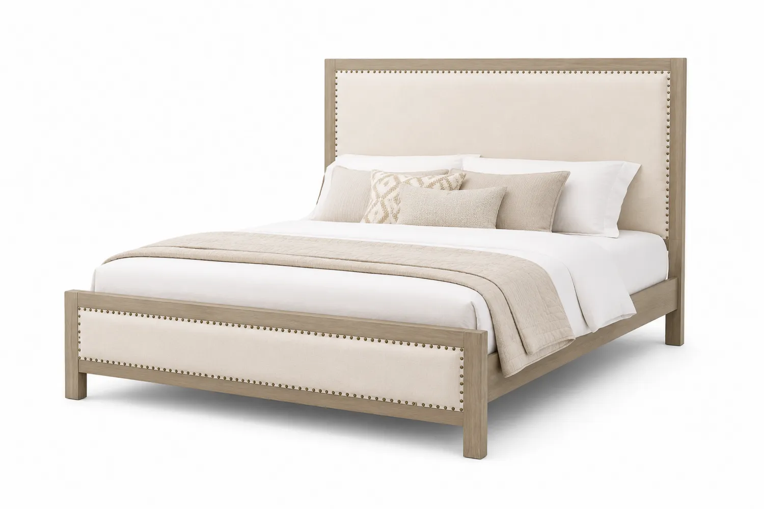 Doppelbett Massivholz Leinenstoff Beige 200x200 cm
