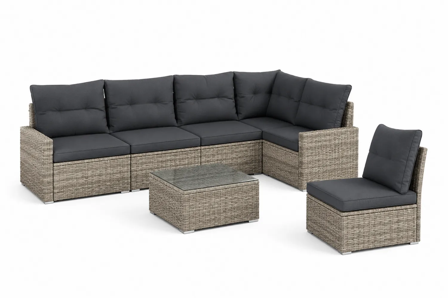 Ecksofa-Set aus Rattan mit Glas und Kissen Hellgrau/Dunkelgrau