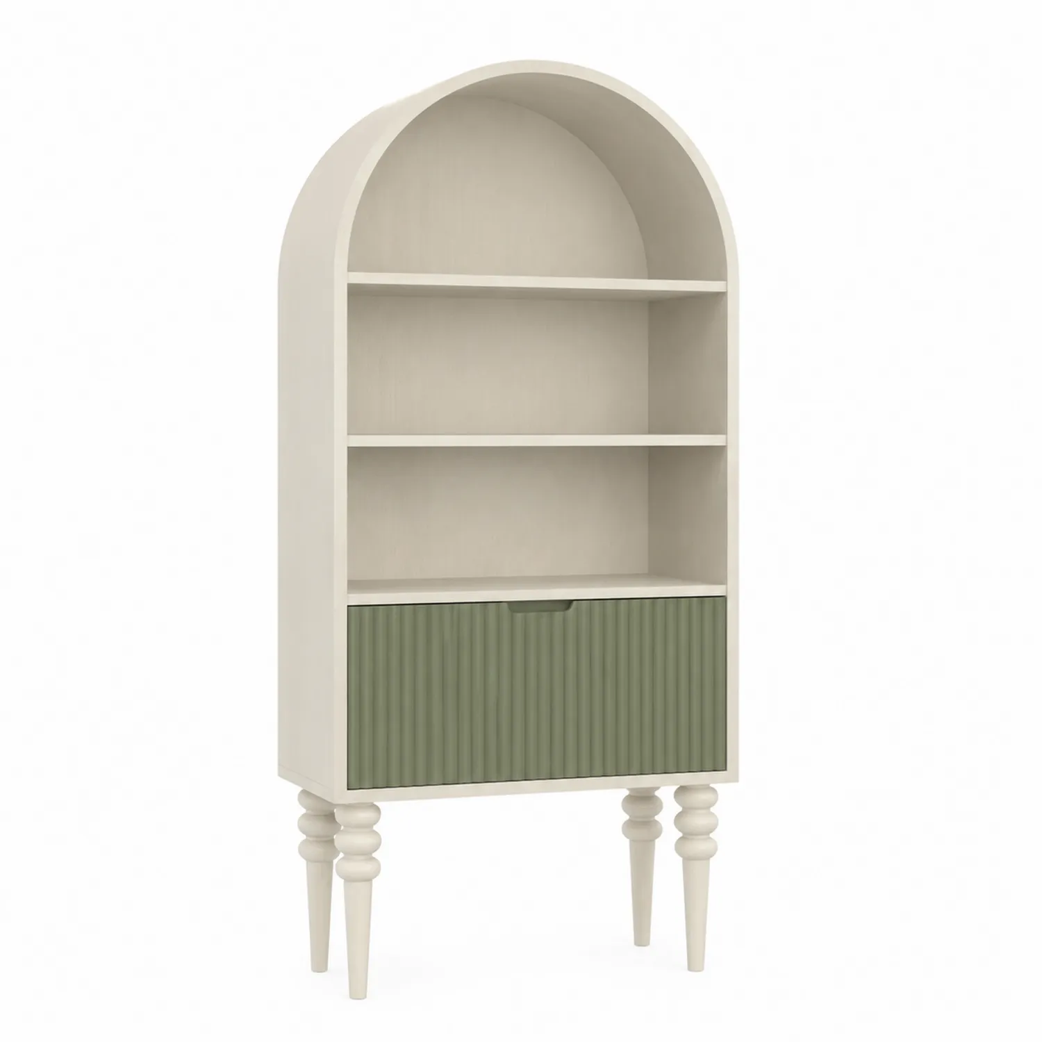 Gewölbtes Bücherregal mit Holzschublade Beige/Grün 80 cm x 40 cm x 180 cm