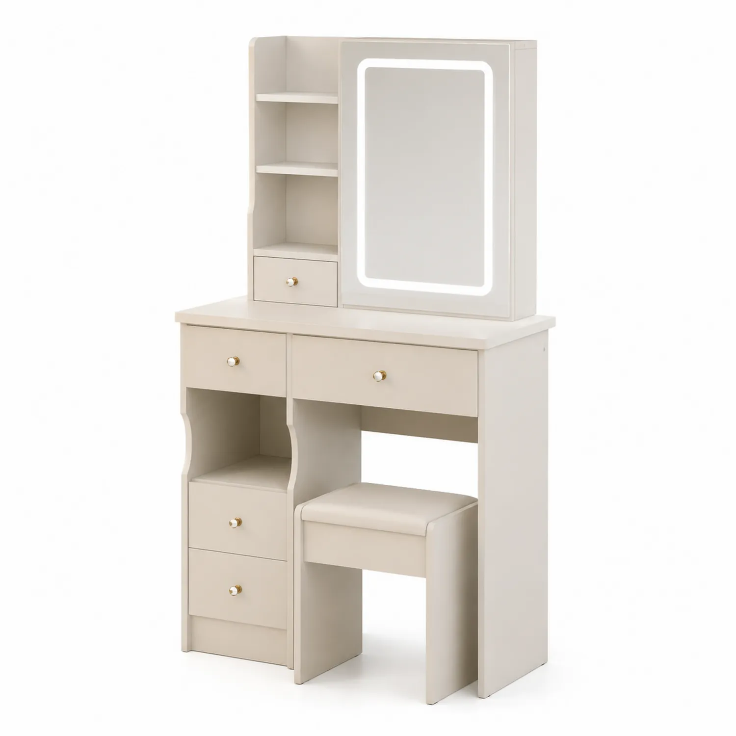 Schminktisch mit LED Spiegel MDF Cremeweiß 100x45x140 cm mit Hocker