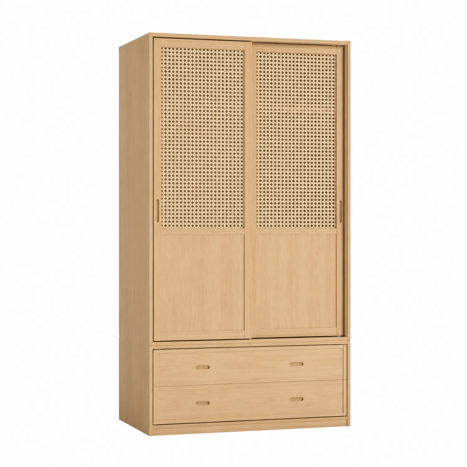 Kleiderschrank aus Massivholz mit Rattan Schiebetüren und Schubladen